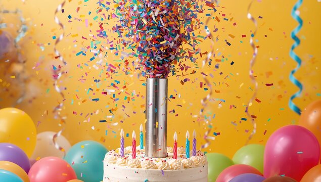 Celebration popper bursting with colorful confetti for festive events and birthdays. Image