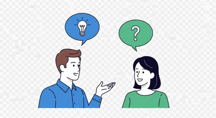 Man with lightbulb idea and woman with question mark in speech bubbles having conversation created with generated ai