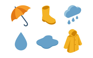 Obraz premium Rainy day essentials: bright isometric design of umbrella, boots, and raincoat