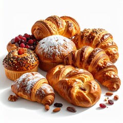 Fototapeta premium A delightful assortment of freshly baked pastries, including golden croissants, sweet muffins, and powdered sugar treats, perfect for a comforting breakfast or dessert indulgence