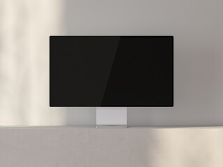 Monitor screen mockup on concrete table in room, 3d rendering