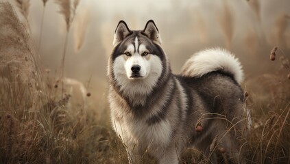 Obraz premium Large Malamute dog among dry reeds and pampas grass with plums