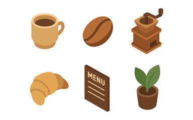 Isometric coffee elements: mug, grinder, bean, croissant, menu, plant