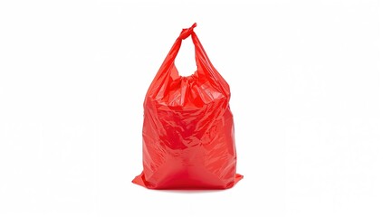 Isolated empty red plastic trash bag with handle on white background, clipping path included except for shadow.