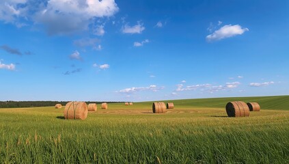 Golden haystacks resting in a lush meadow under a clear summer sky