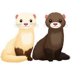 Two Cute Ferrets in Cartoon Style with Bright Expressions and Fur Details