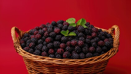 Basket filled with blackberries on a crimson background