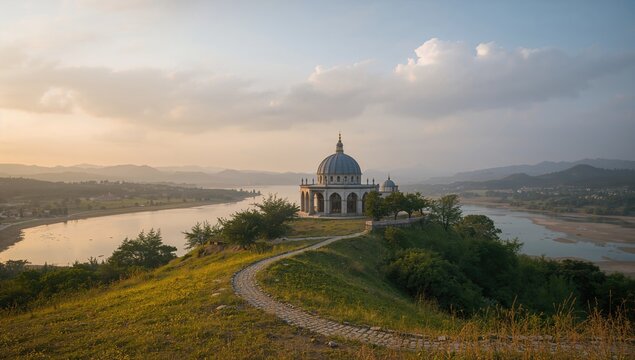 A dome-shaped building situated atop a hill near a lake