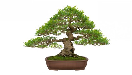 A small potted tree with twisted bark and numerous tiny green leaves in a rustic brown container.