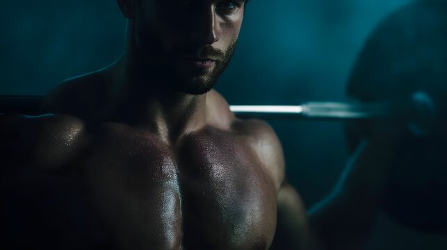 Muscular man performing strength training with a barbell in a dimly lit gym