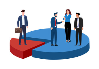 Success businessman standing on pie chart win over competitors. Business winning market share, earn high percentage of product sale. Modern vector illustration in flat style