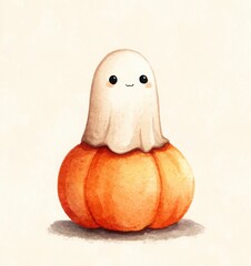 cute ghost with pumpkin clipart in watercolor pastel style on beige background