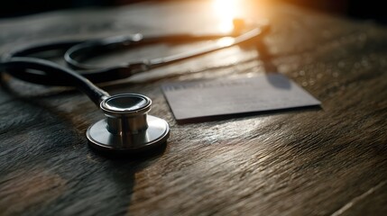 A medical stethoscope rests beside a health insurance card on a textured wooden table illuminated by warm directional morning light