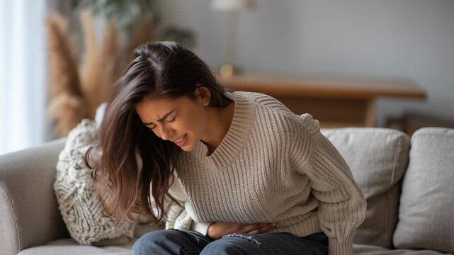  Young woman sitting on sofa holding her stomach in pain while looking worried. feeling discomfort in her abdomen.Menstrual Pain. Abdominal Pain, Gastritis, Diarrhea, Indigestion.Period Cramps