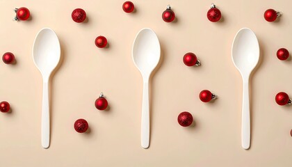 Spoons aligned with Christmas baubles against a beige background. Flat lay concept