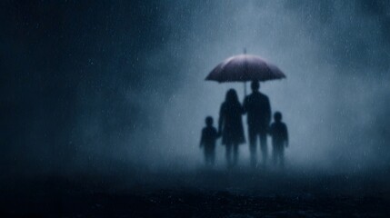 A family stands together under a red umbrella during a heavy rainstorm silhouetted against a dark atmospheric background