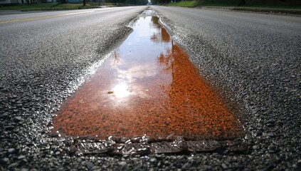 A layer of gasoline or oil spreads over a paved street, moving toward a drainage grate.