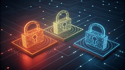 Cybersecurity concept featuring glowing padlocks in red, yellow, and blue, representing data protection and secure online transactions