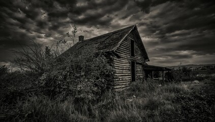 Obraz premium Gloomy black and white photo of an eerie countryside home with deliberate grain effect