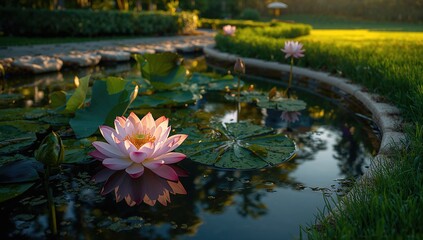 A stunning photo featuring a lotus blossom in a tranquil pond surrounded by lush greenery