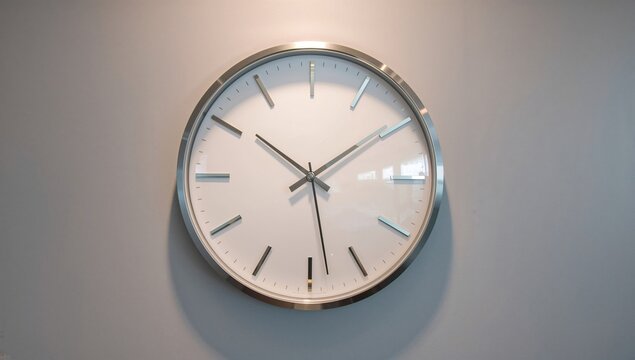 A circular stainless steel wall clock featuring a white dial and hands showing 10:10, mounted on a wall.