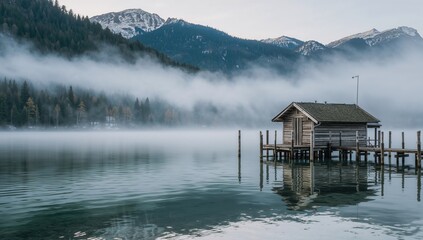 Stunning foggy dawn over a serene lake featuring a classic aged wooden boathouse and pier with posts.