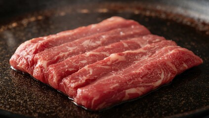 Close-up view of beef being prepared on an iron griddle, traditional Asian cooking style, blurred background, texture, food, culinary art, meat, chef, healthy meal, dinner, gourmet
