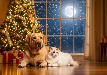 Labrador and white ragdoll cat sitting near glowing christmas tree, large window with full moon and falling snow, cozy festive living room interior