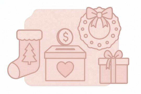 Festive symbols of giving surrounded by holiday decor including a decorative wreath vibrant stocking a charitable donation box and beautifully wrapped gifts capturing the essence of Christmas