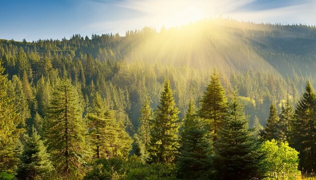 Bright Sunlight Illuminates The Tall Green Pine Trees And Spruces