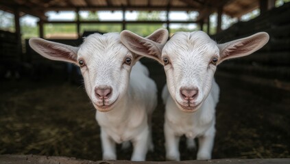 Charming duo of small white goats captured under soft sunlight in a rustic wooden shed.