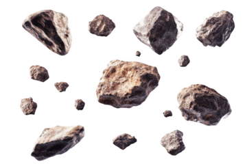 Cosmic collection of floating asteroids and space rocks isolated on transparent background