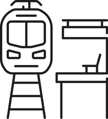 Railroad and railway icon of train or subway metro station, vector line symbol. Railroad and railway line pictogram of metro, underground and tram or railcar train approach to station platform
