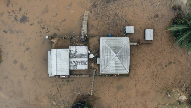 Heavy flooding caused by depression submerges zinc-roofed homes in multiple river basins across the region.