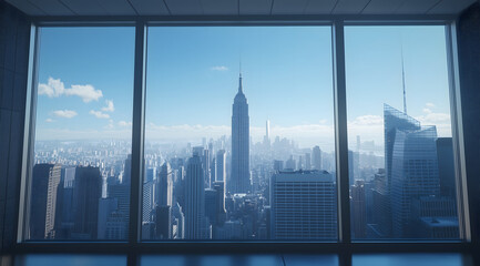 Office window view shows tall city skyscrapers in morning light, blue sky and glass buildings create a clean modern scene.