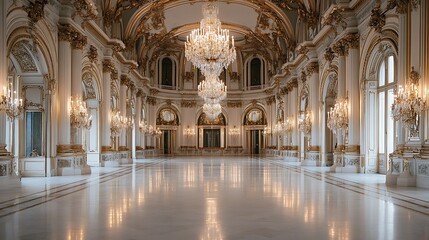 Obraz premium Grand ballroom interior design with chandeliers and gold accents for luxury event venue space rental