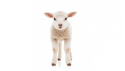 Fototapeta premium Adorable young lamb from Texel breed, standing and gazing directly at the camera with a curious expression, set against a plain white backdrop.