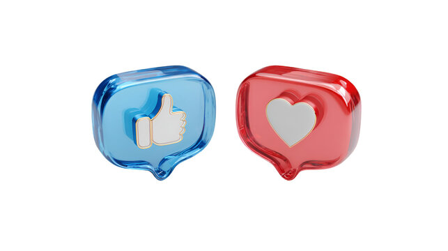 Two 3D social media notification icons a blue thumbs up and a red heart symbolize likes and love on a black background