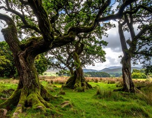 Obraz premium Ancient oaks in a grassy meadow, cloudy sky
