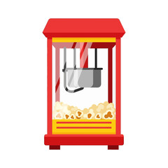 Red and yellow popcorn machine with fresh popcorn inside.
