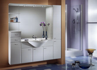 Single shot photo of a bathroom environment, with sink and mirror