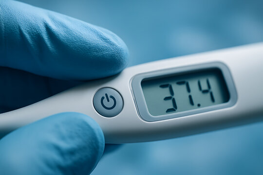 Close-up of a digital thermometer held by a gloved hand, displaying a temperature reading of 37.4°C, representing precision and clinical hygiene in modern healthcare.