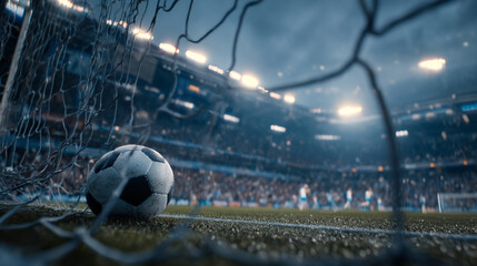 A soccer ball rests in the net of a goal on a field in a stadium with bright lights