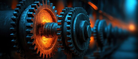 Interlocking metal gears industrial technology close up
