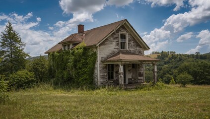 Obraz premium Deserted vintage home amidst rural scenery with summer sky and natural surroundings