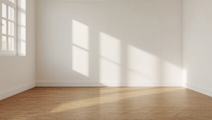 Fototapeta premium Interior space mock-up with empty room, sunlight, shadows, and wooden parquet flooring