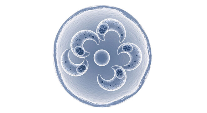 3D render of a Cryptosporidium oocyst, a single-celled parasitic protozoan, showing detailed internal structures responsible for cryptosporidiosis, against a black background.