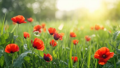 Obraz premium Vibrant red flowers set against lush green grass in a sunny summer scene