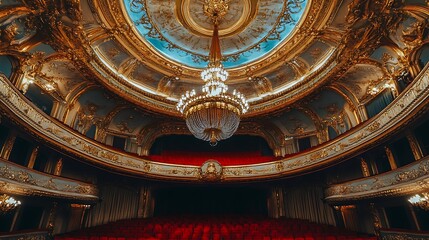 Grand opera house interior with chandelier and red velvet seats for theater performance viewing event