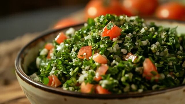 Close up of tabbouleh salad with tomatoes in a bowl for food concepts